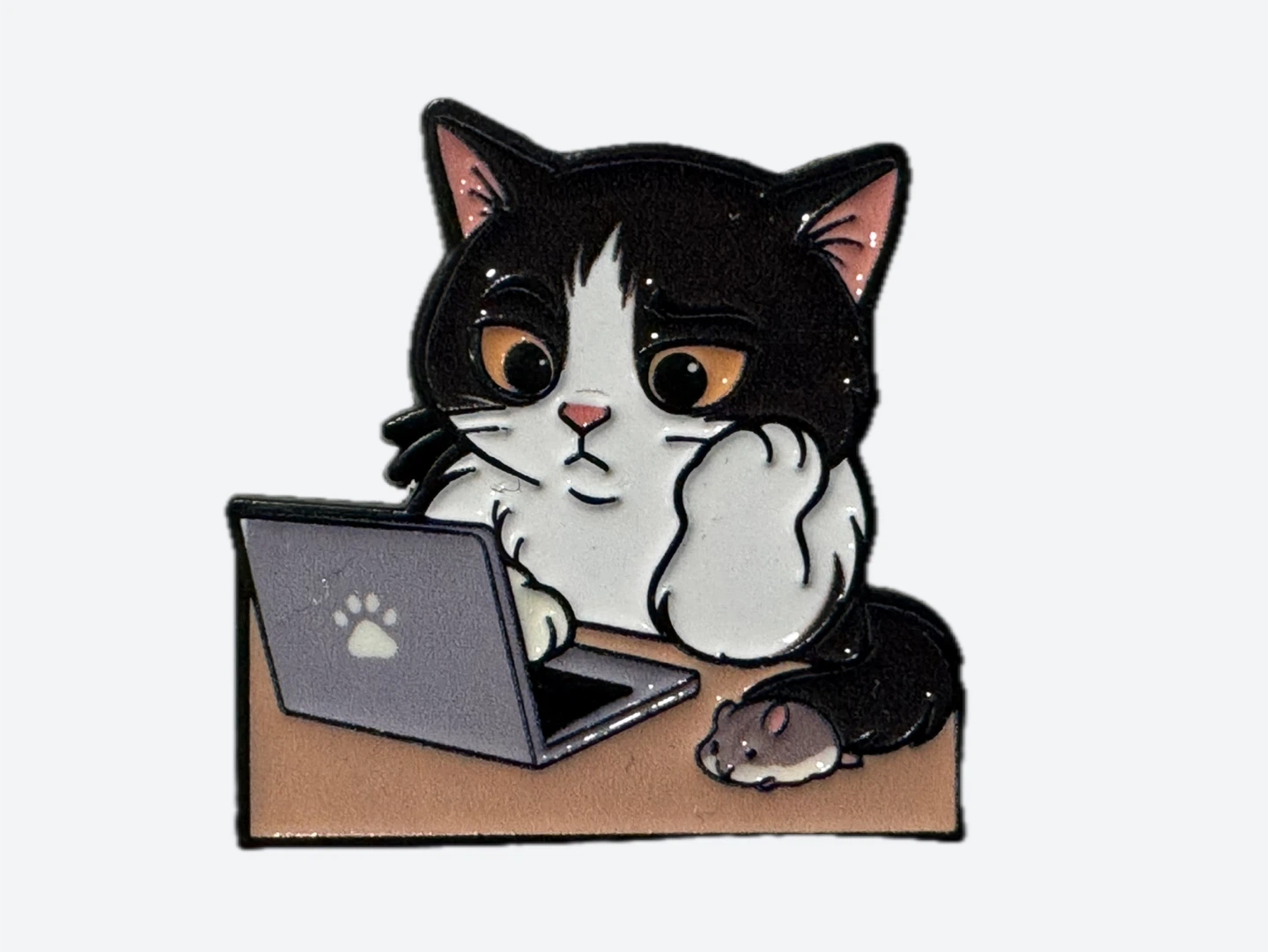 Cute cat working on laptop enamel pin