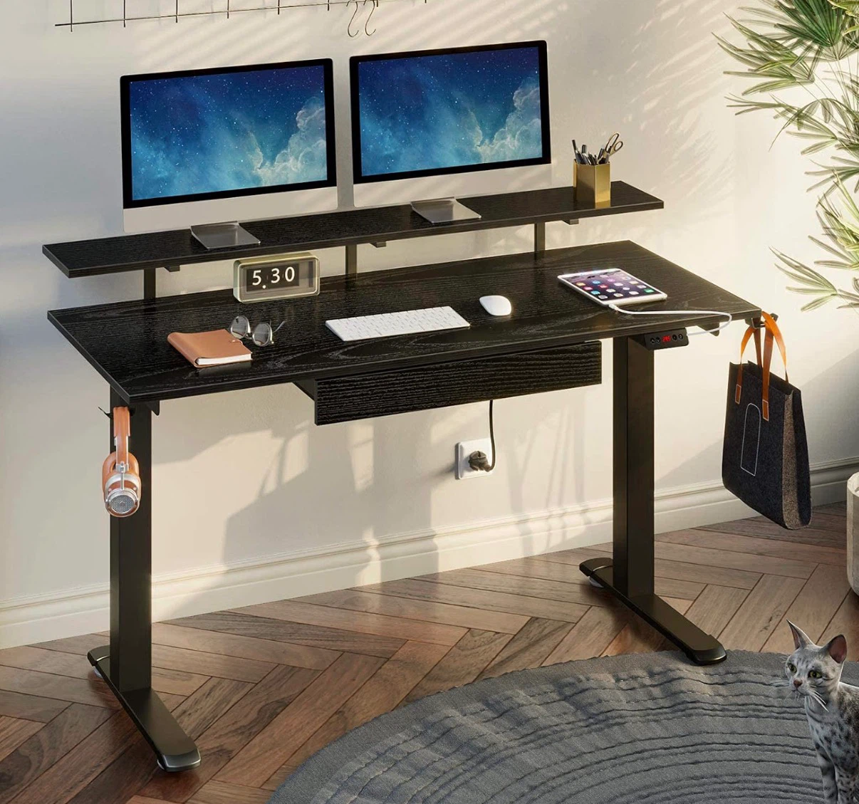 Adjustable Standing Desk with Drawer and Monitor Shelf
