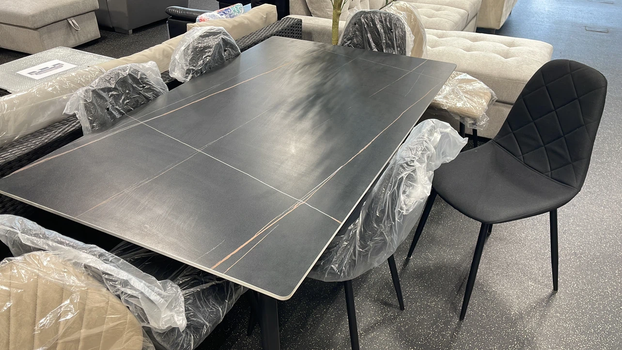 7-Piece Modern Dining Set for 6 – Black Marble & Velvet