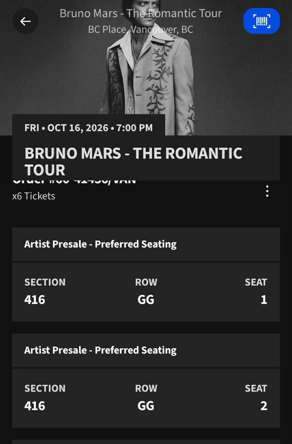 2 Bruno Mars The Romantic Tour Tickets Oct 16 2026