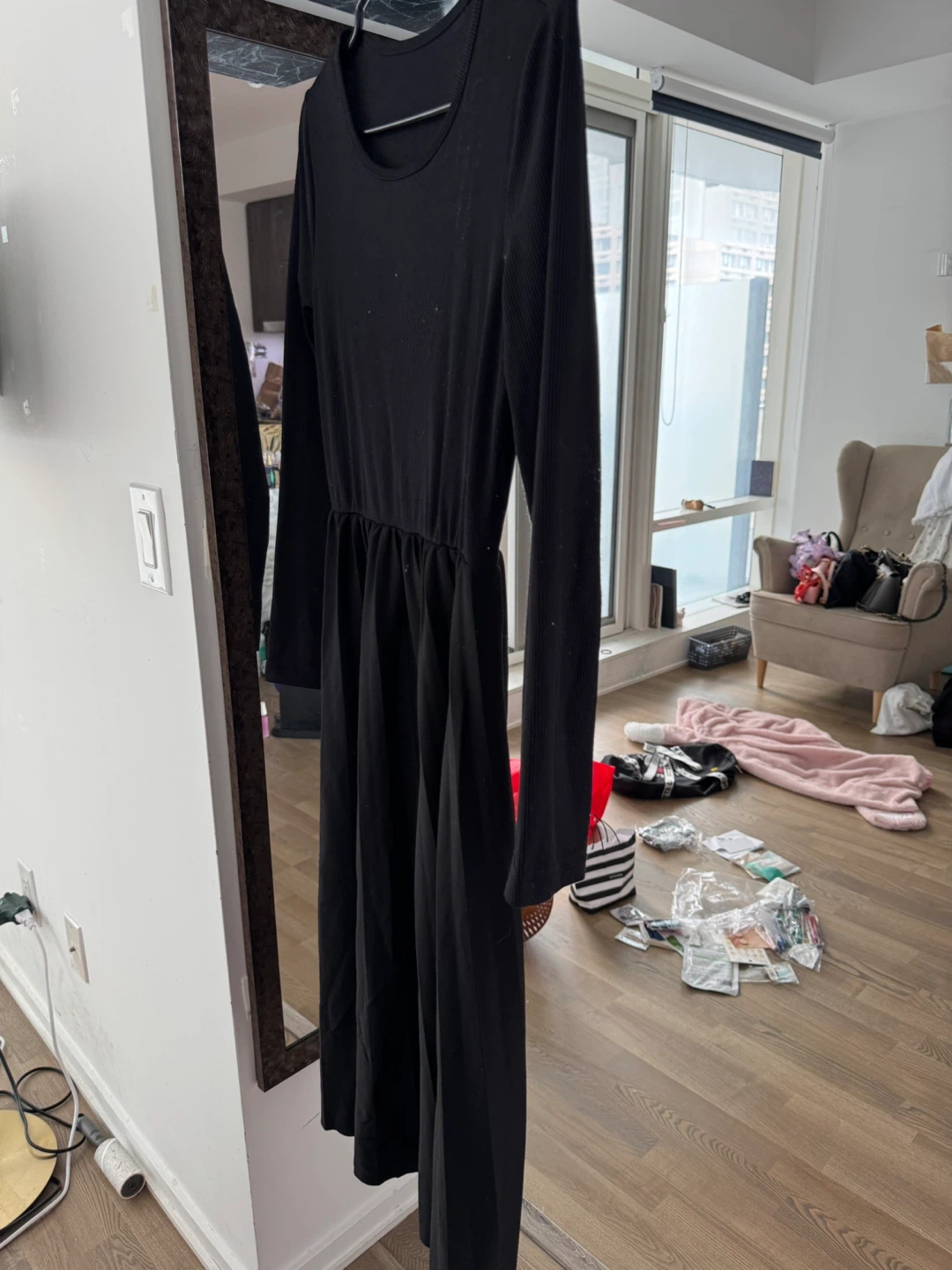Ballet Core Black Long-Sleeve Ribbed Midi Dress
