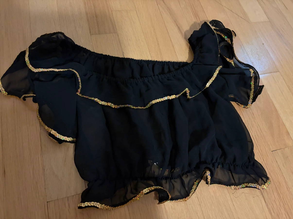 Black off-shoulder chiffon sequin trim top