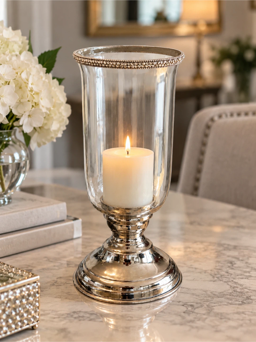 Silver & Glass Hurricane Candle Holder with Beaded Rim - photo 2