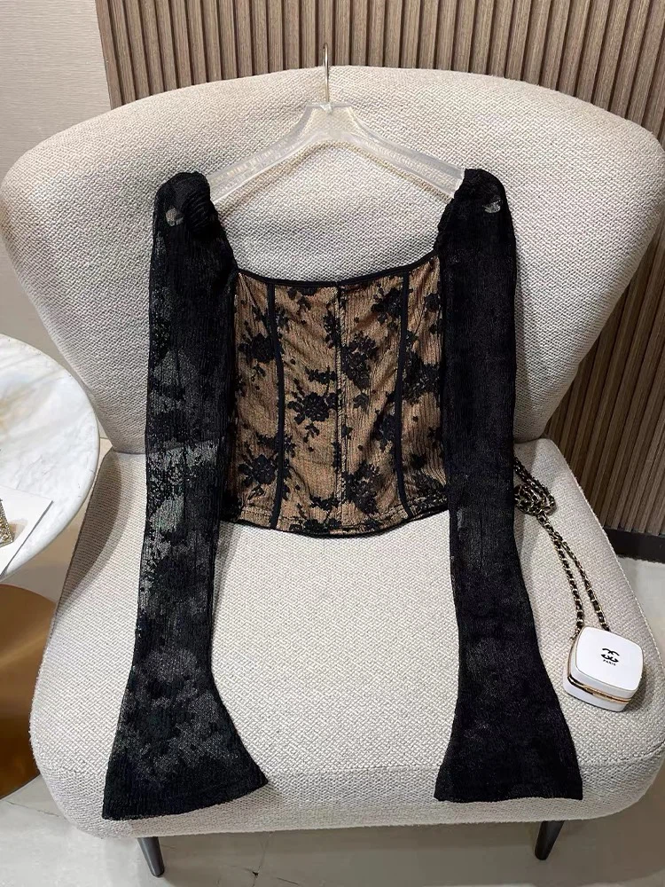 Black Long-Sleeve Textured Corset-Style Top - photo 3