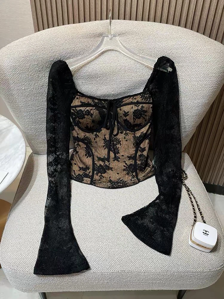 Black Long-Sleeve Textured Corset-Style Top - photo 4