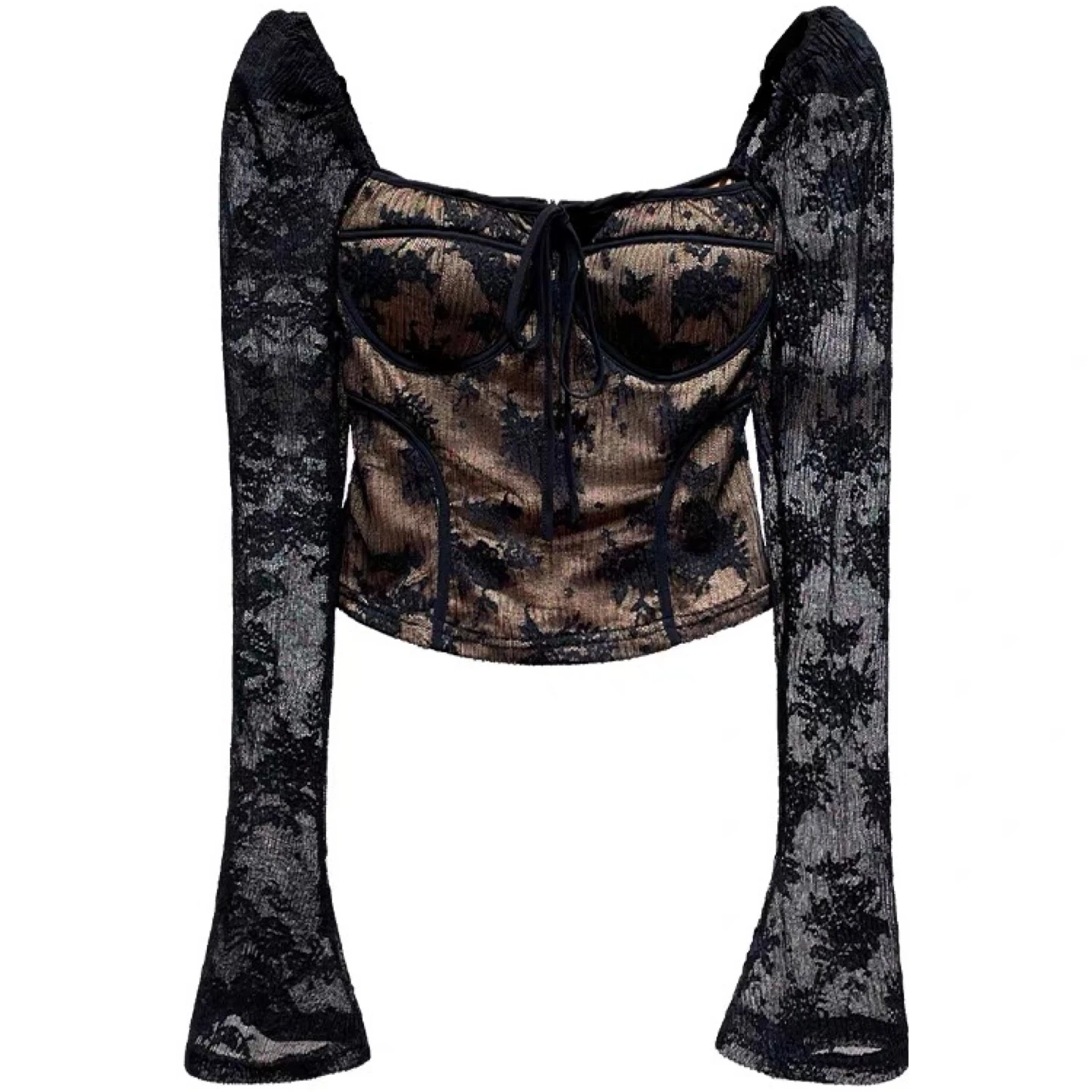 Black Long-Sleeve Textured Corset-Style Top
