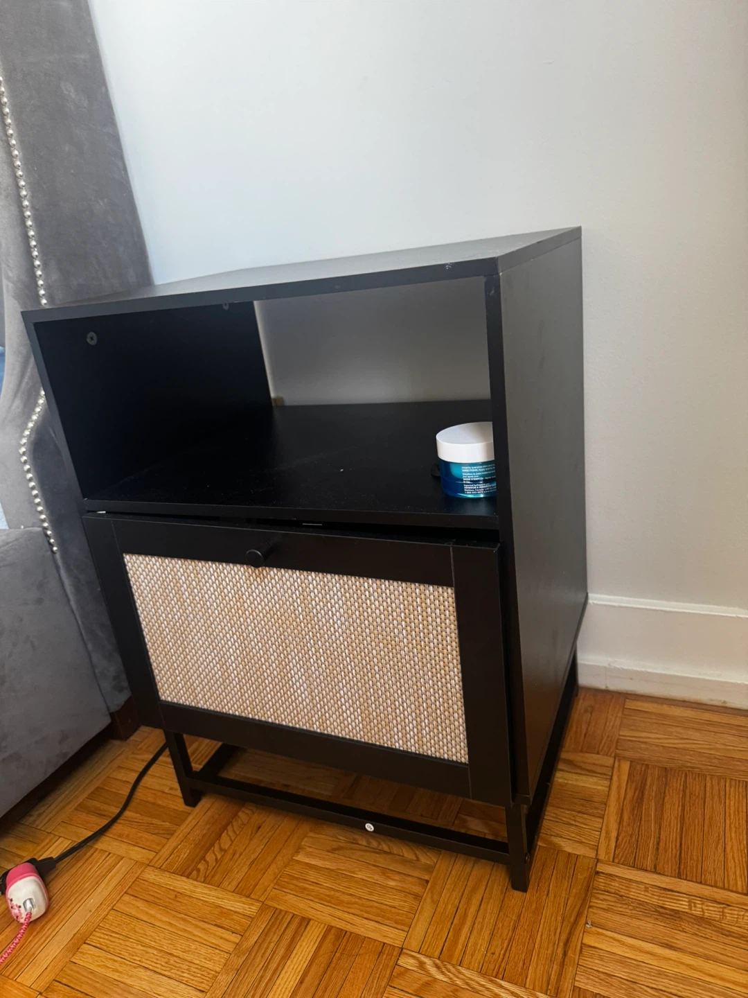 Black and Woven Rattan Nightstand