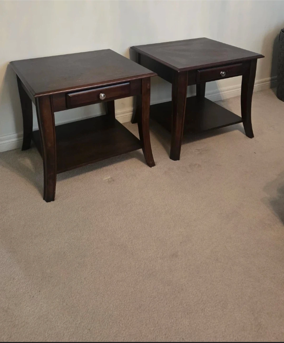 Dark wood coffee table and matching end tables