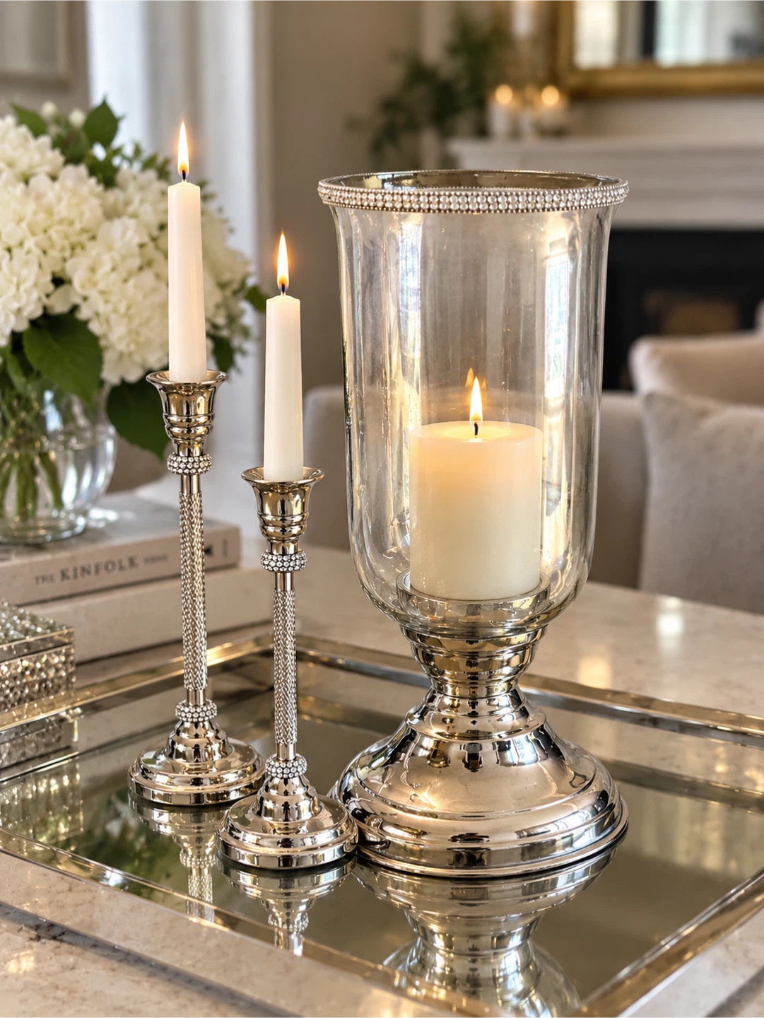 3-Piece Silver Hurricane Candle Holder & Taper Candlestick Set - photo 2