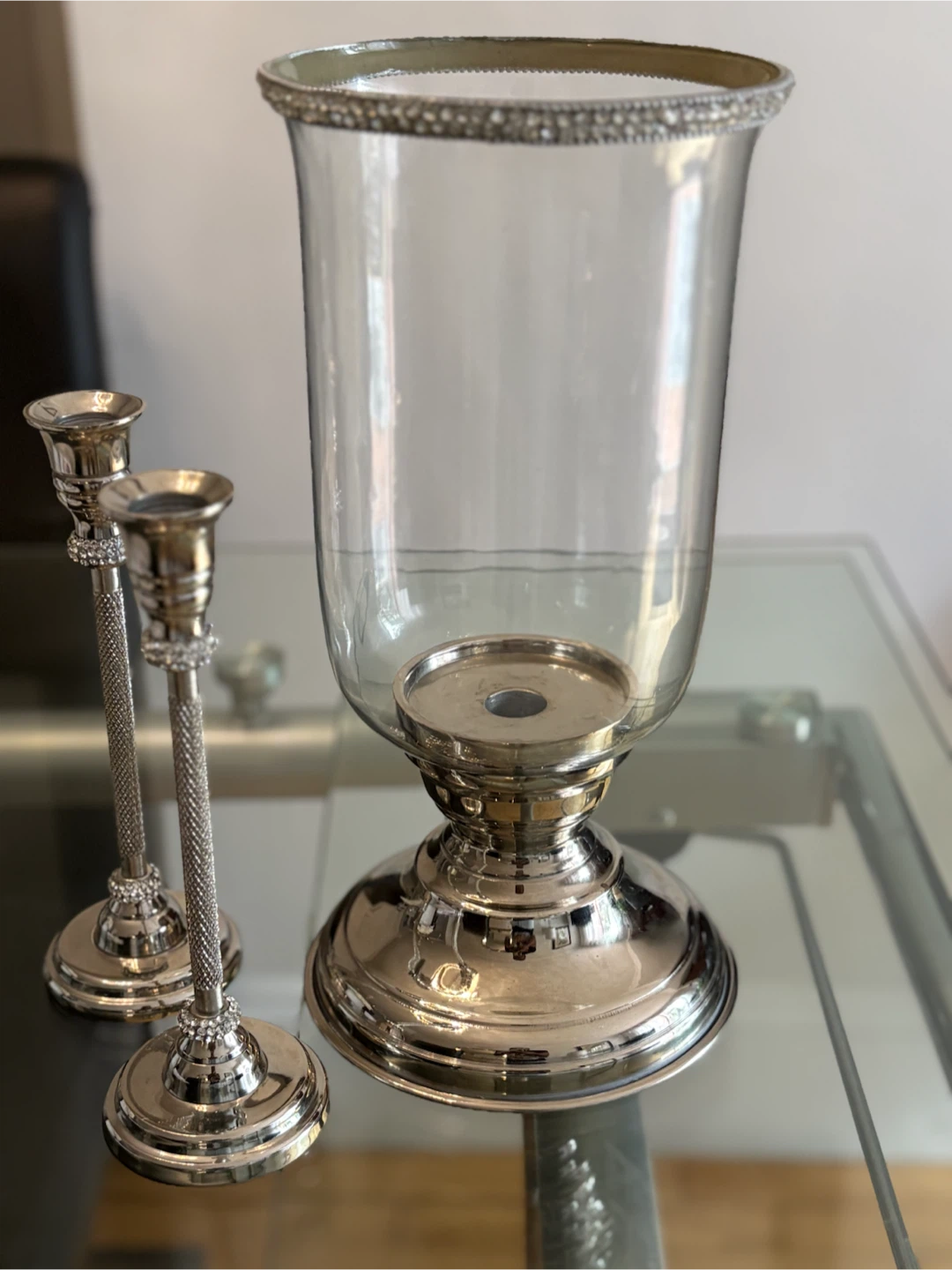 3-Piece Silver Hurricane Candle Holder & Taper Candlestick Set - photo 3