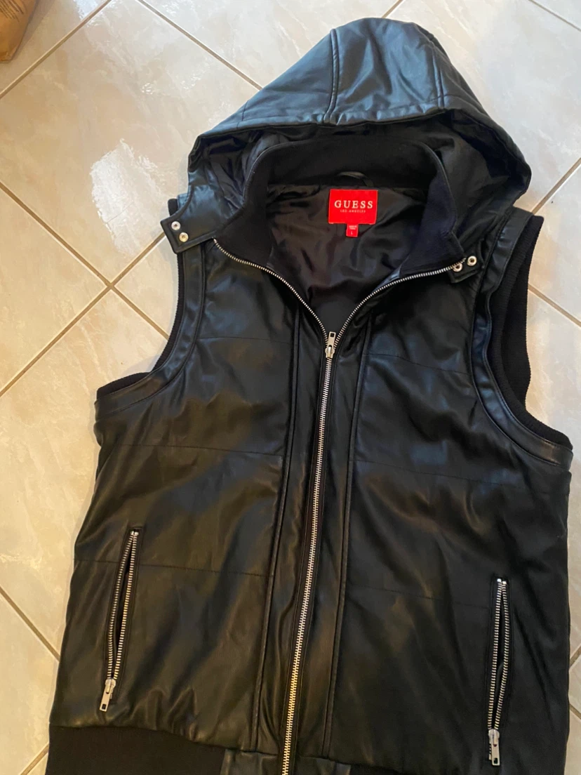 GUESS Black Faux Leather Hooded Vest