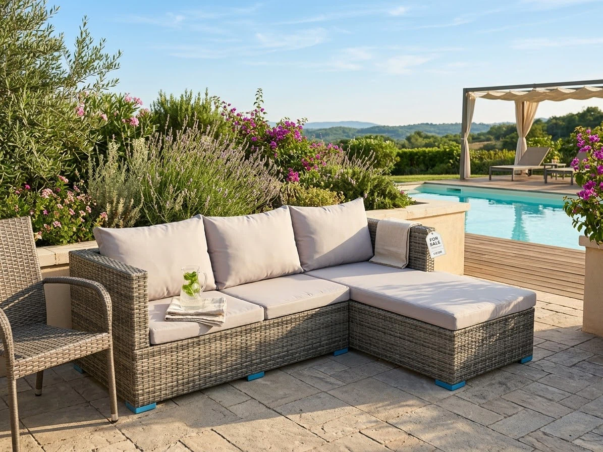 Grey Wicker L-Shaped Outdoor Sectional Sofa