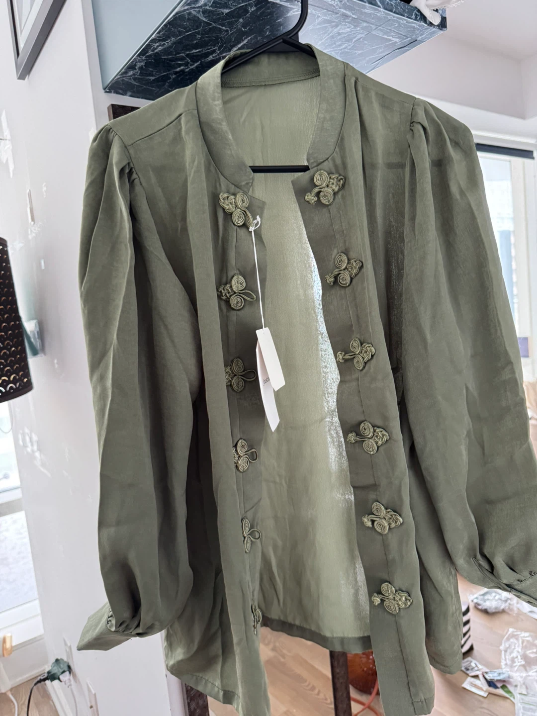 Olive Green Button-Down Shirt with Knot Detail - photo 2
