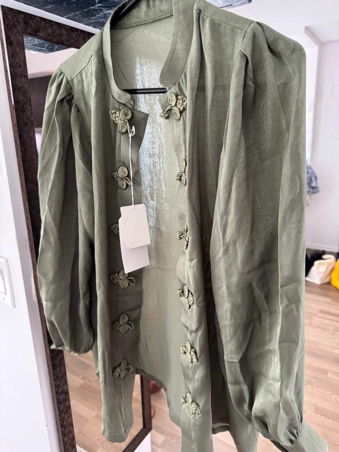 Olive Green Button-Down Shirt with Knot Detail - photo 4