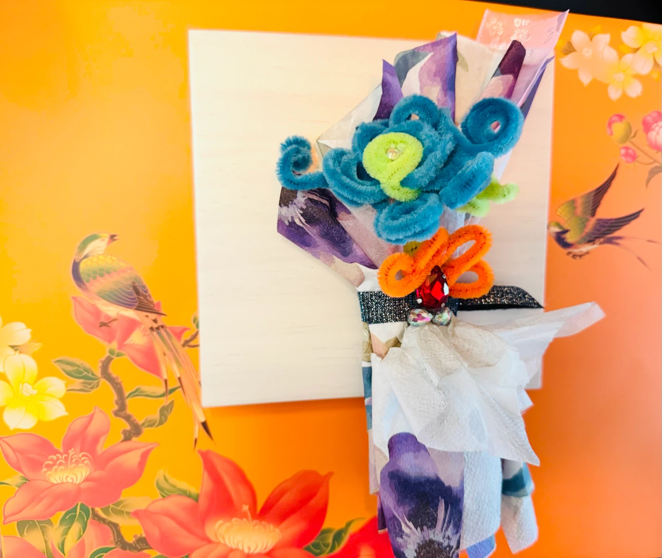Handmade pipe cleaner and fabric flower bouquet