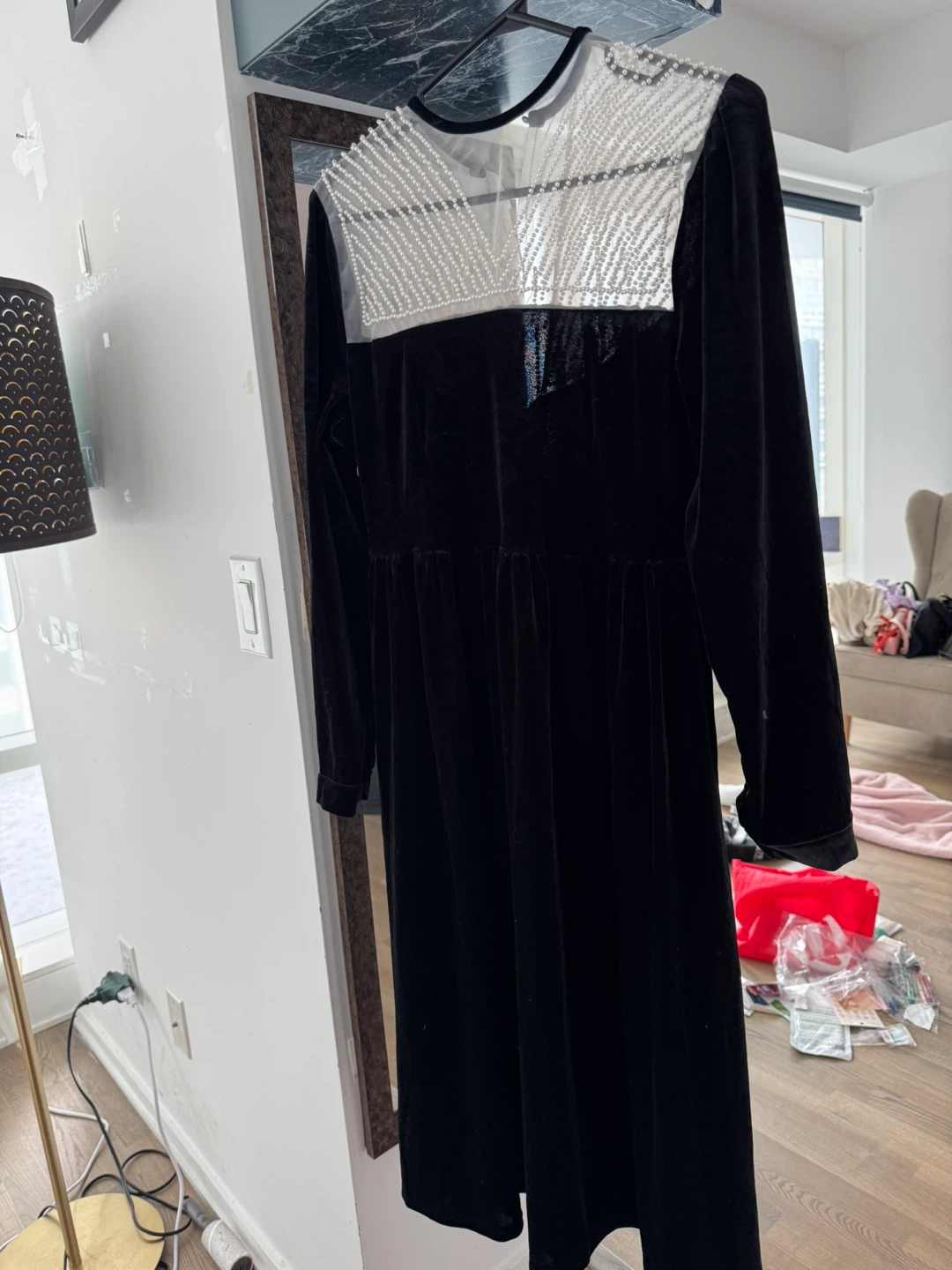 Black Velvet Dress with Pearl Detail