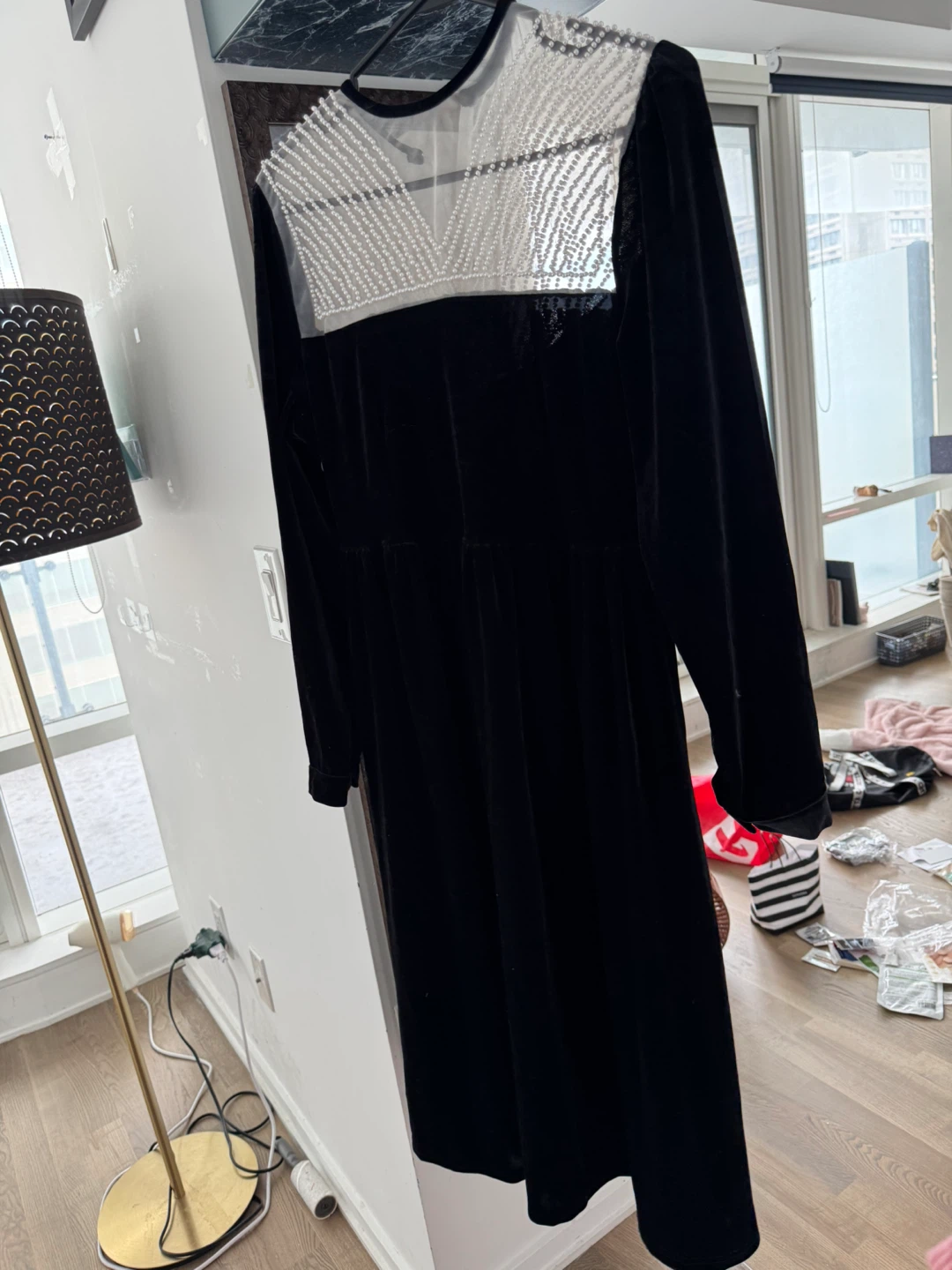 Black Velvet Dress with Pearl Detail - photo 2