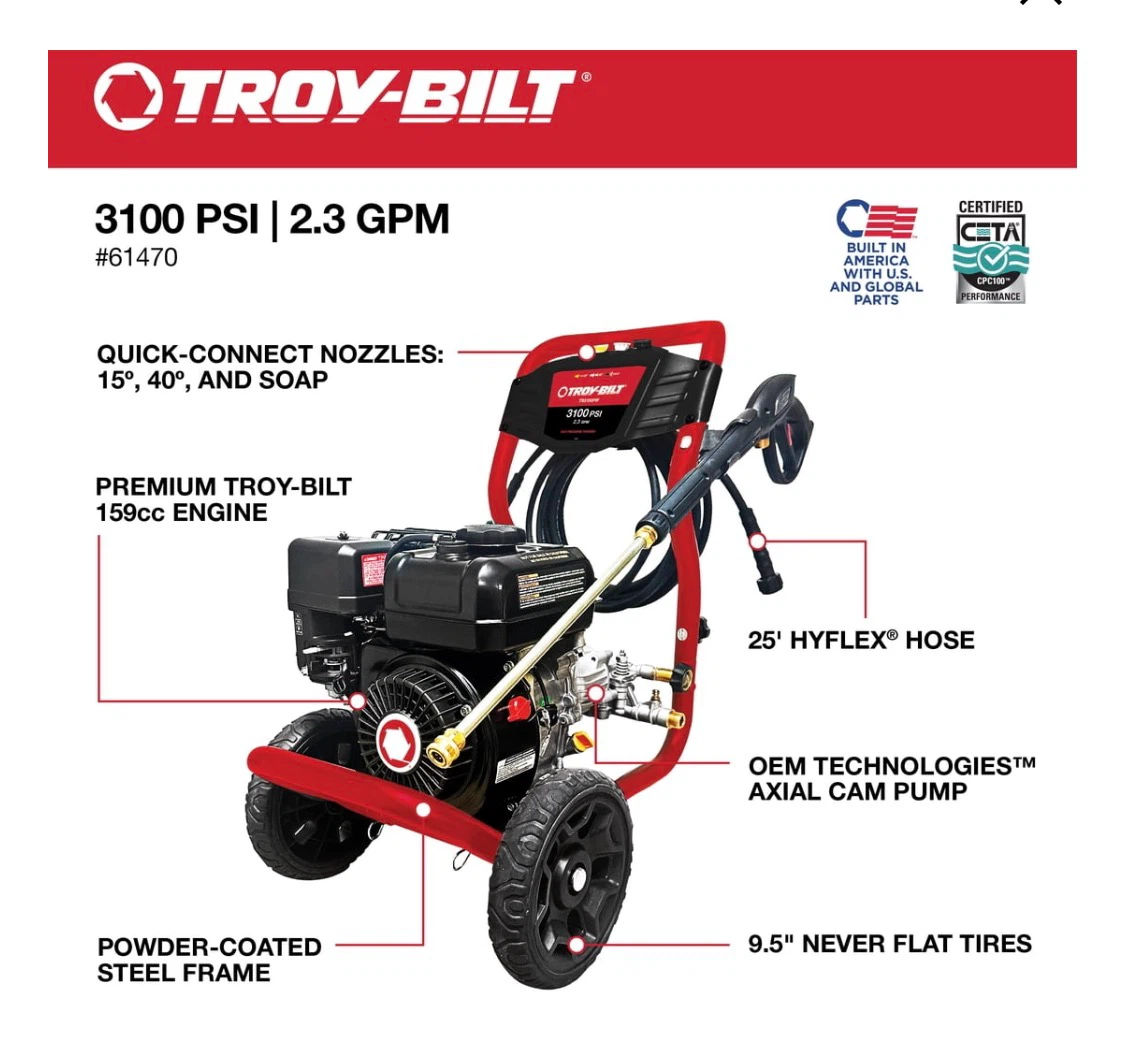 Troy-Bilt Gas Pressure Washer 3100 Psi Axial Cam Pump - photo 4