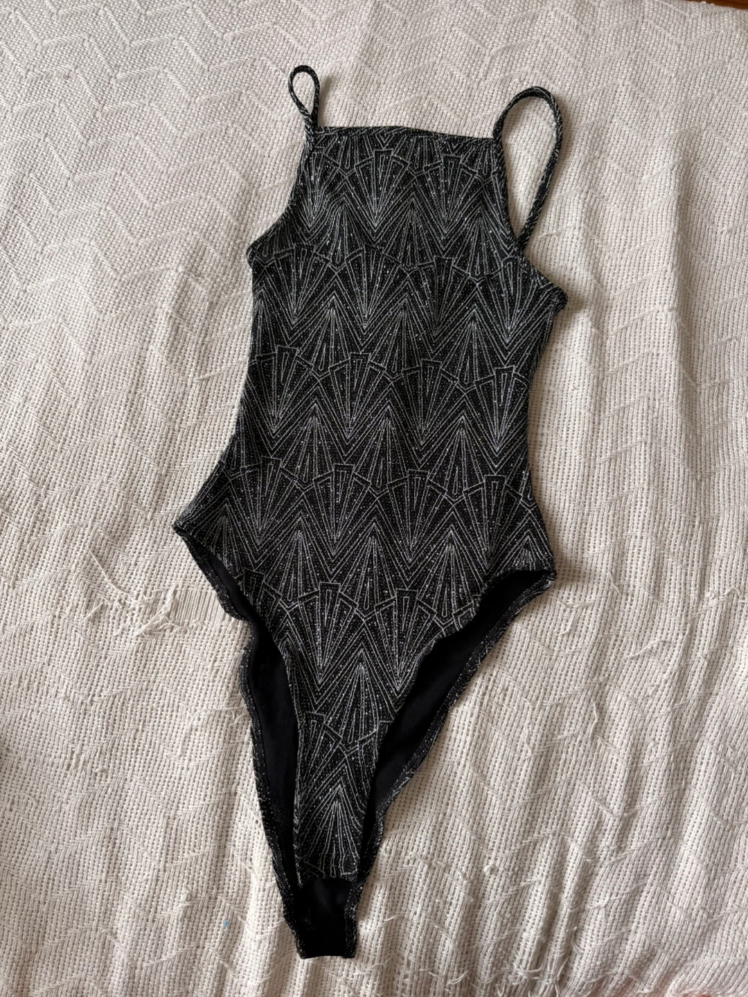 Black and Silver/Glitter Geometric Bodysuit Size:XS