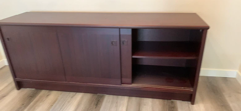 Dark Wood Storage Credenza with Sliding Doors