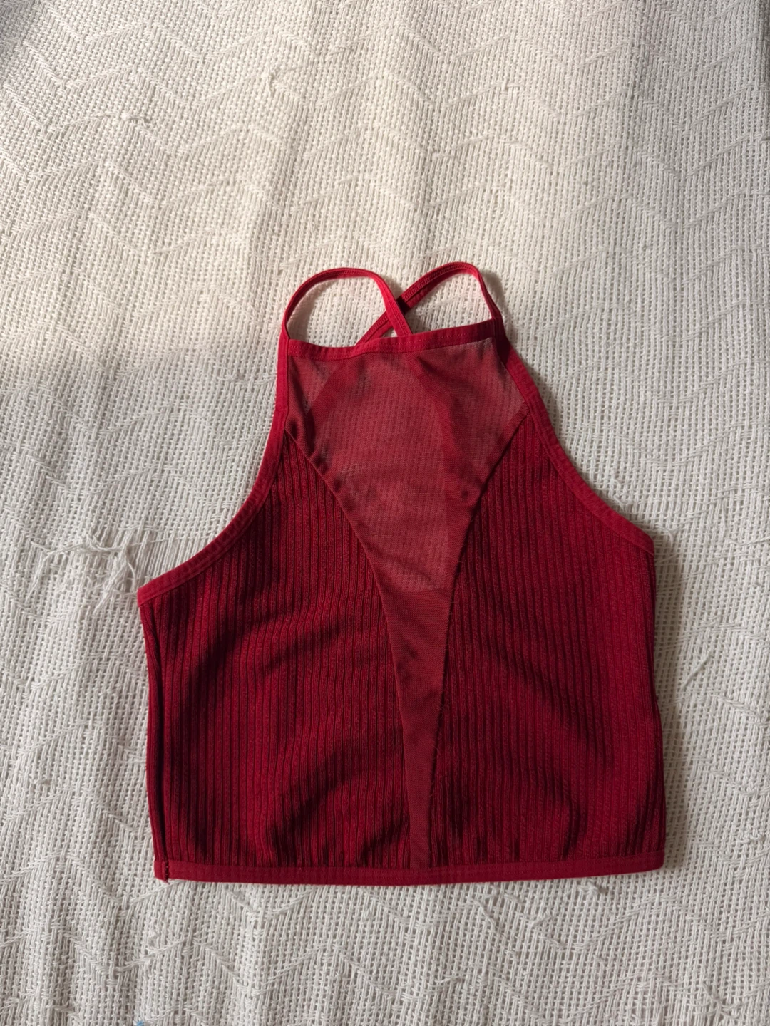 Red Ribbed Mesh Crop Top; Size: S