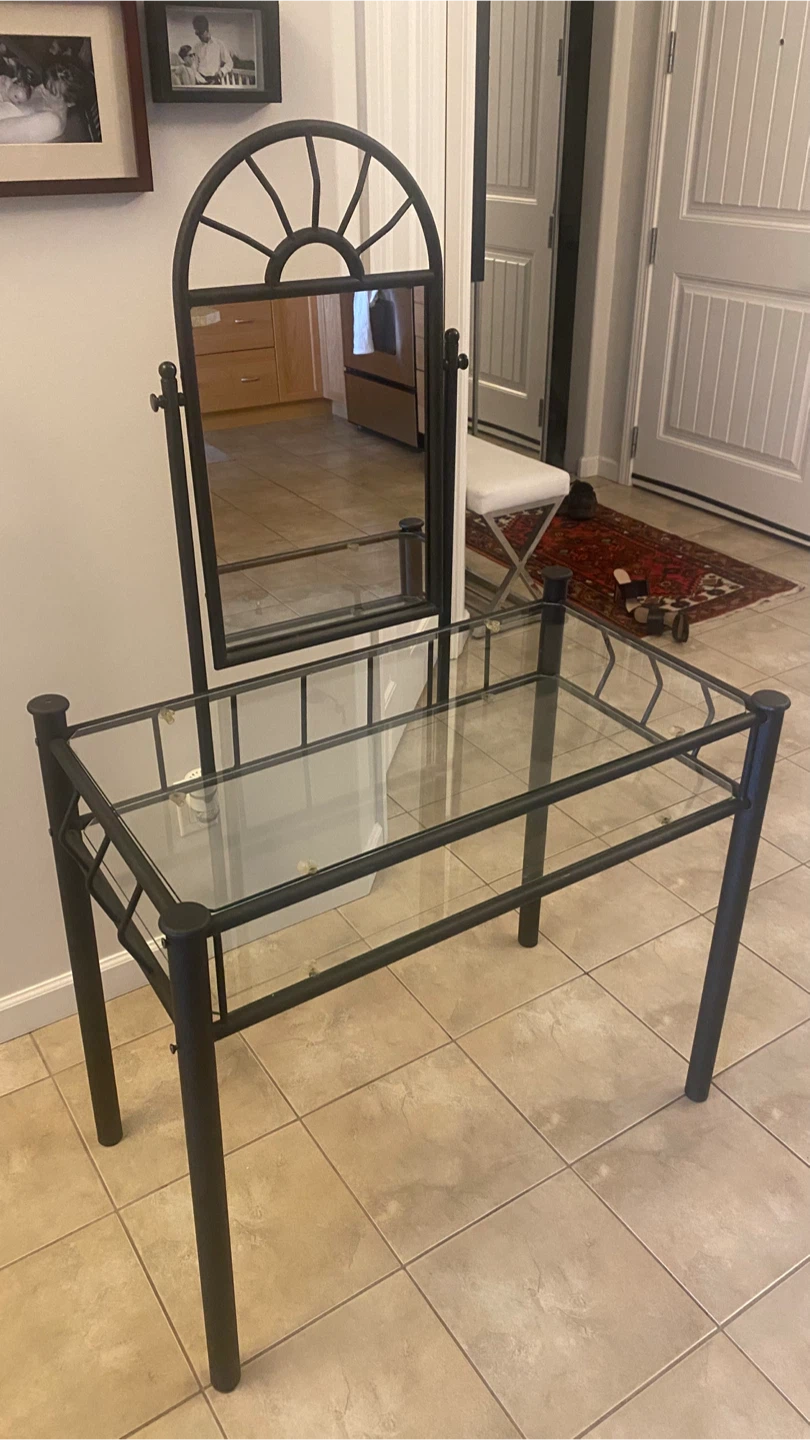 Black Metal Vanity with Glass Top and Mirror
