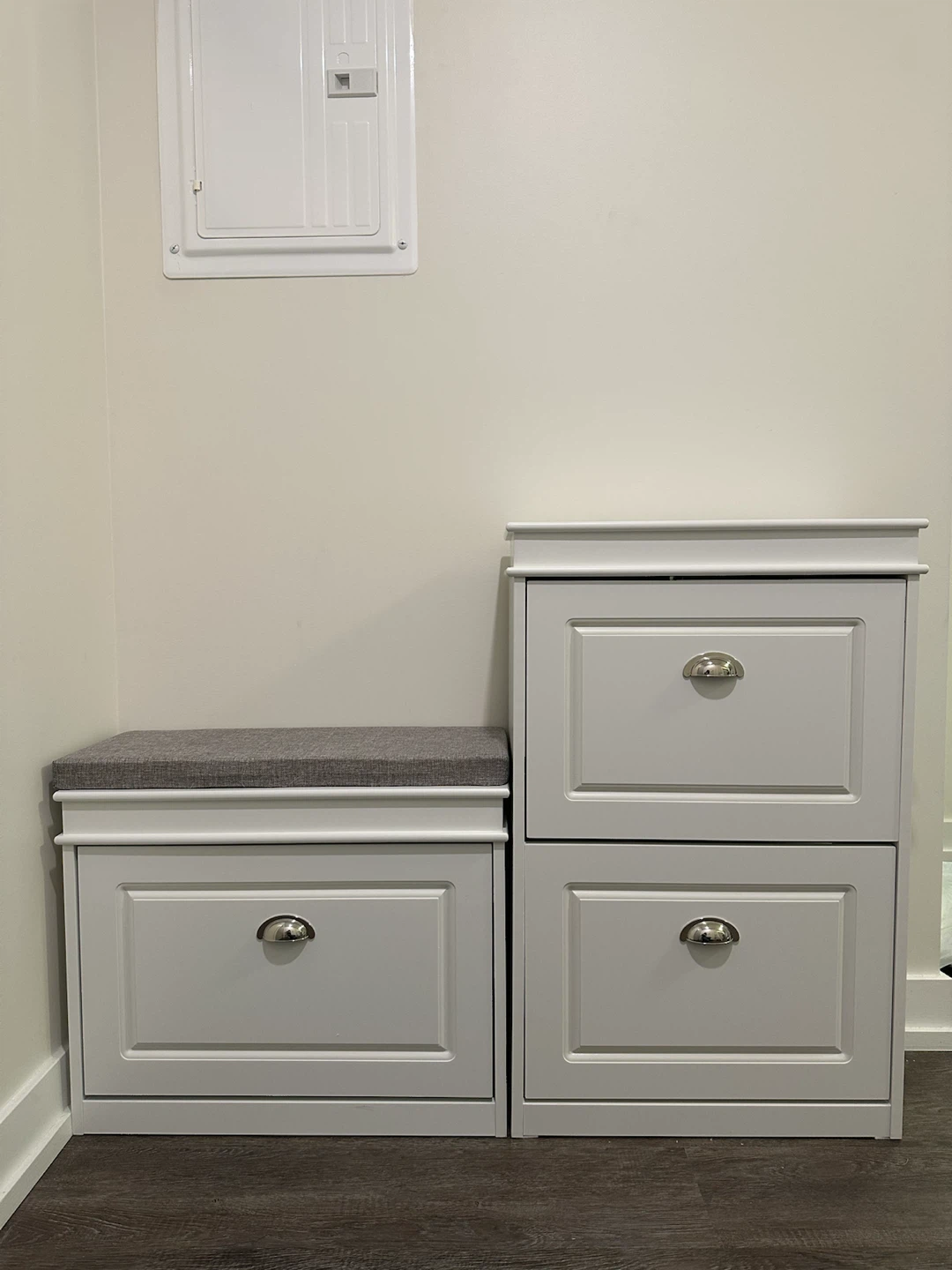 White Entryway Shoe Storage Bench and Cabinet Set
