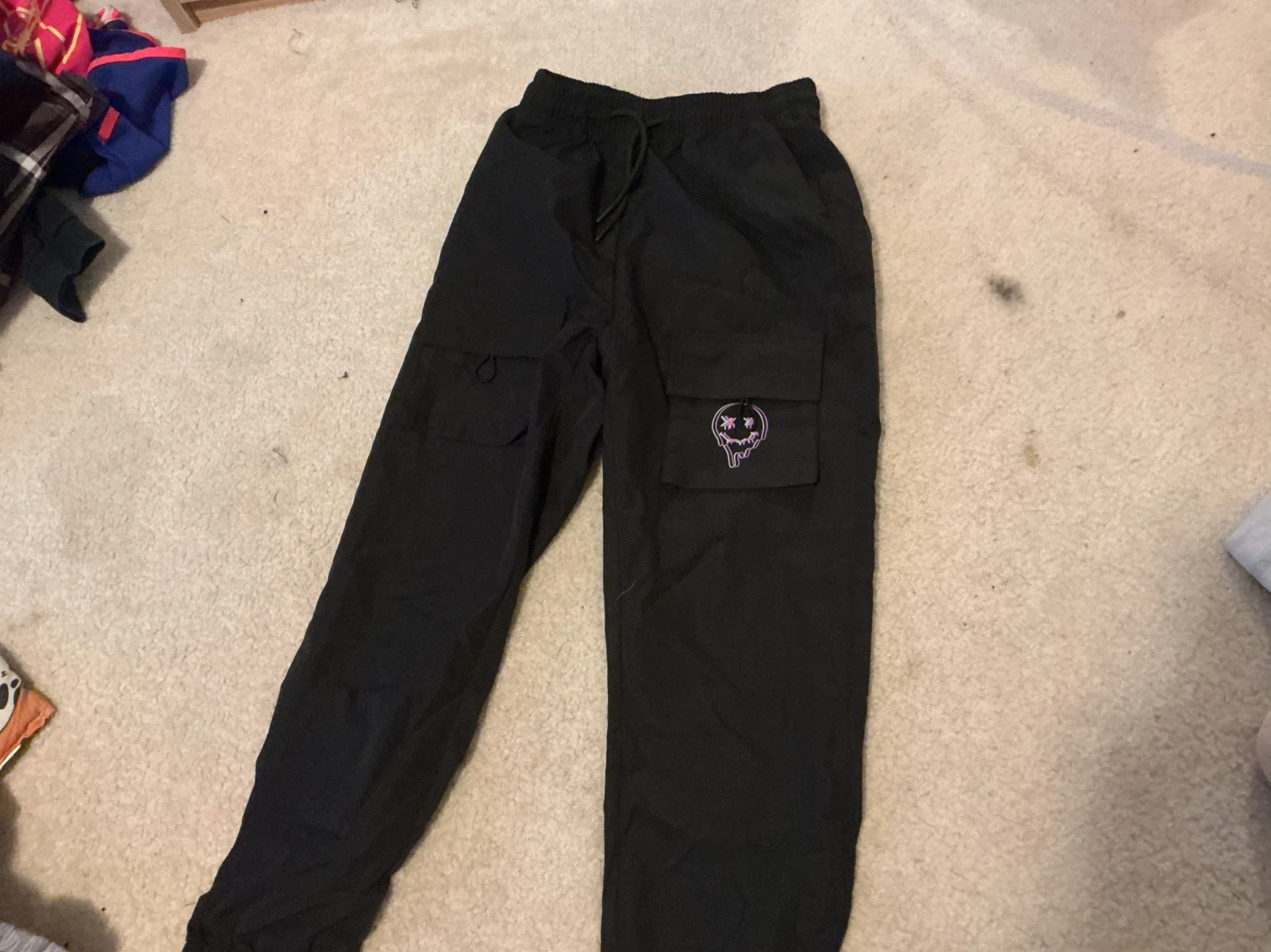 Black Cargo Joggers with Smiley Graphic