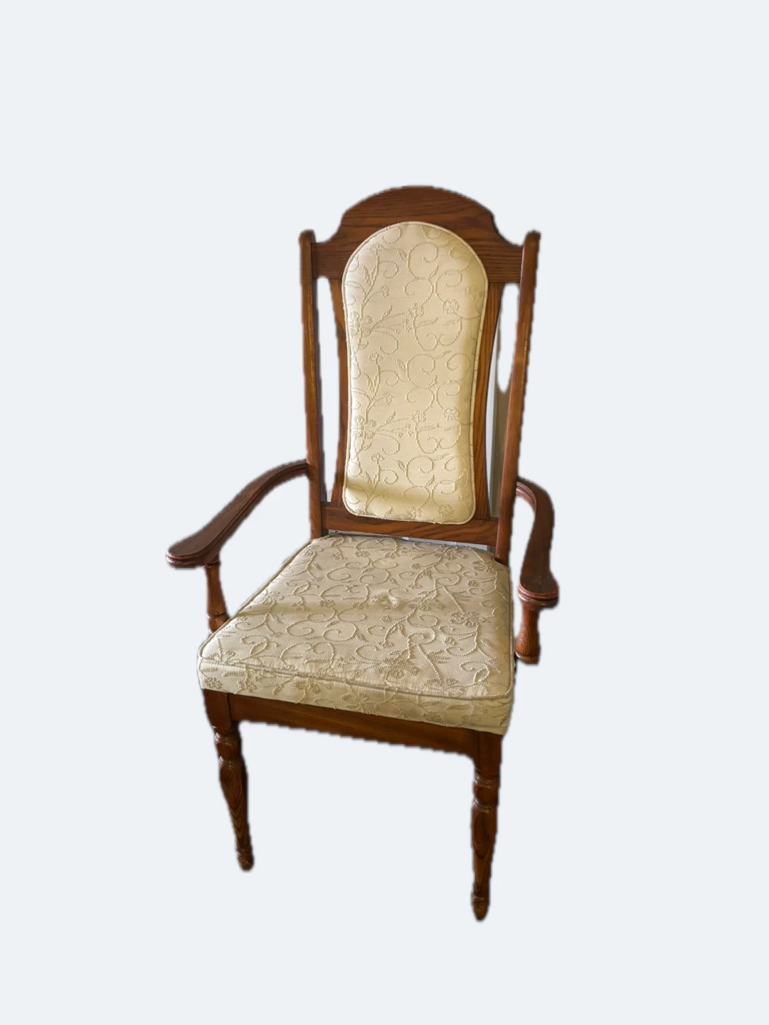 Pair vintage captain Oak Armchair with Cream Floral Upholstery