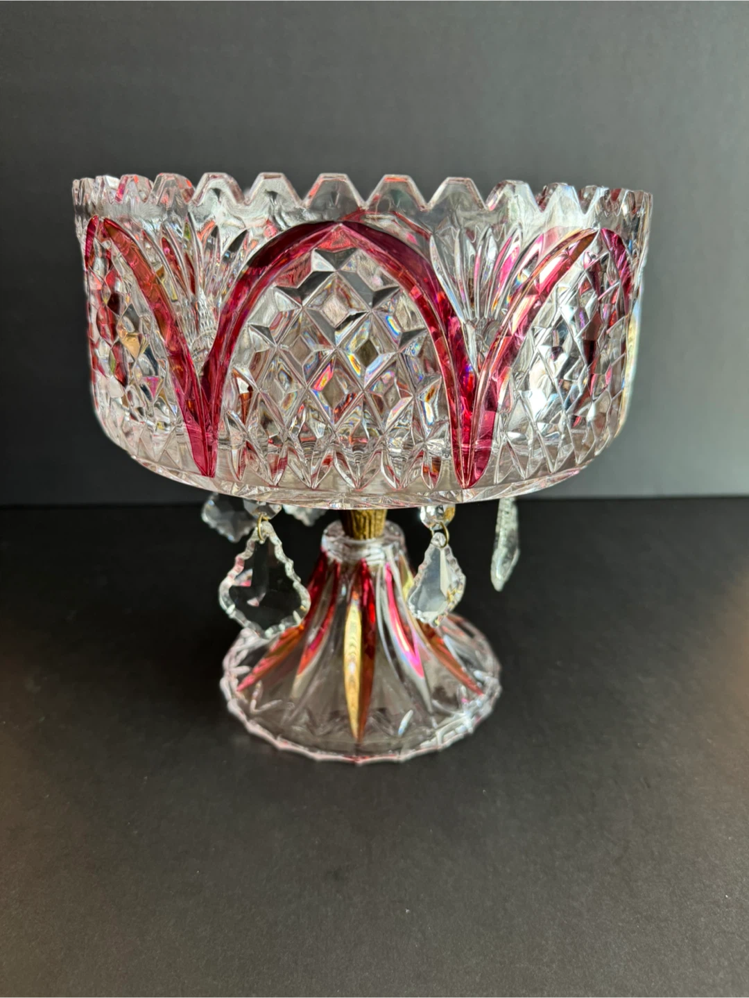 Vintage Crystal Compote Dish with Red Accents