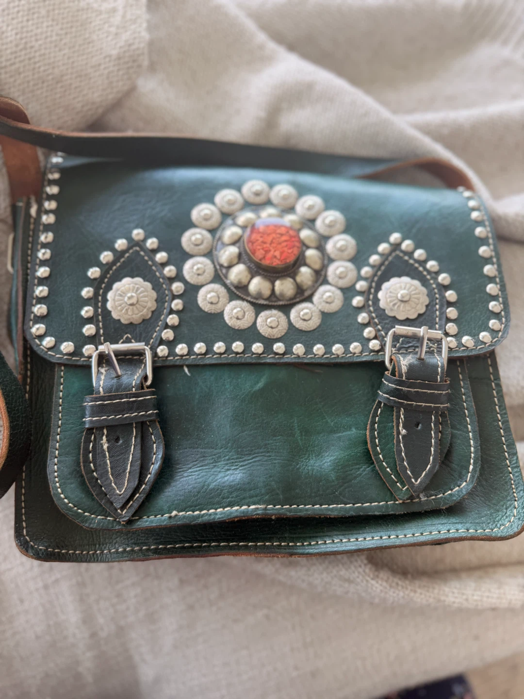 Moroccan Green leather crossbody bag with studded details