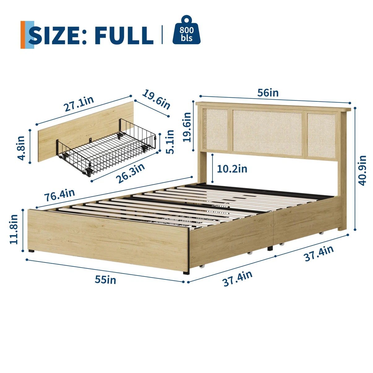 Full/Double Bed Frame with Headboard and Drawers - photo 2