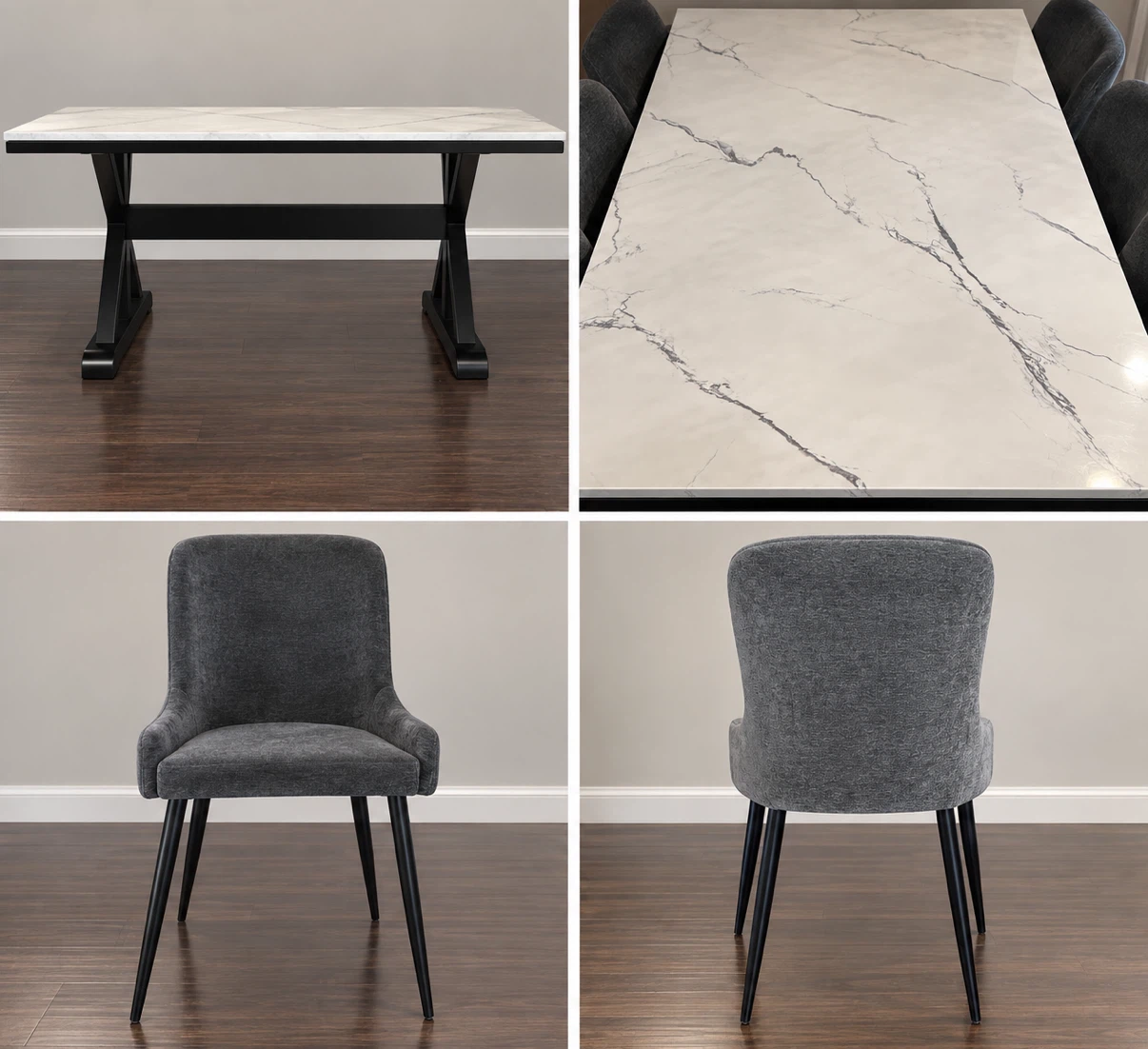 Marble-look dining table and grey chairs