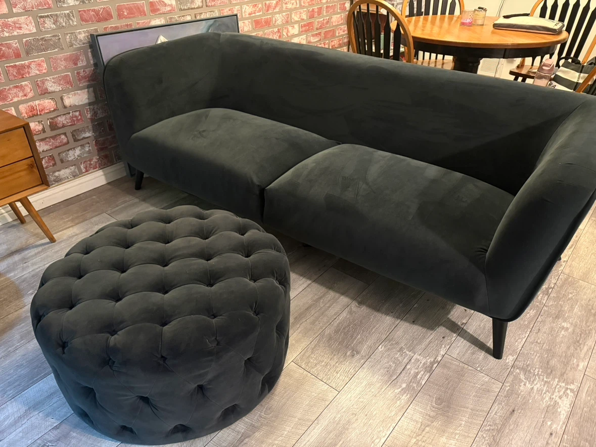Dark Grey Velvet Sofa and Tufted Ottoman