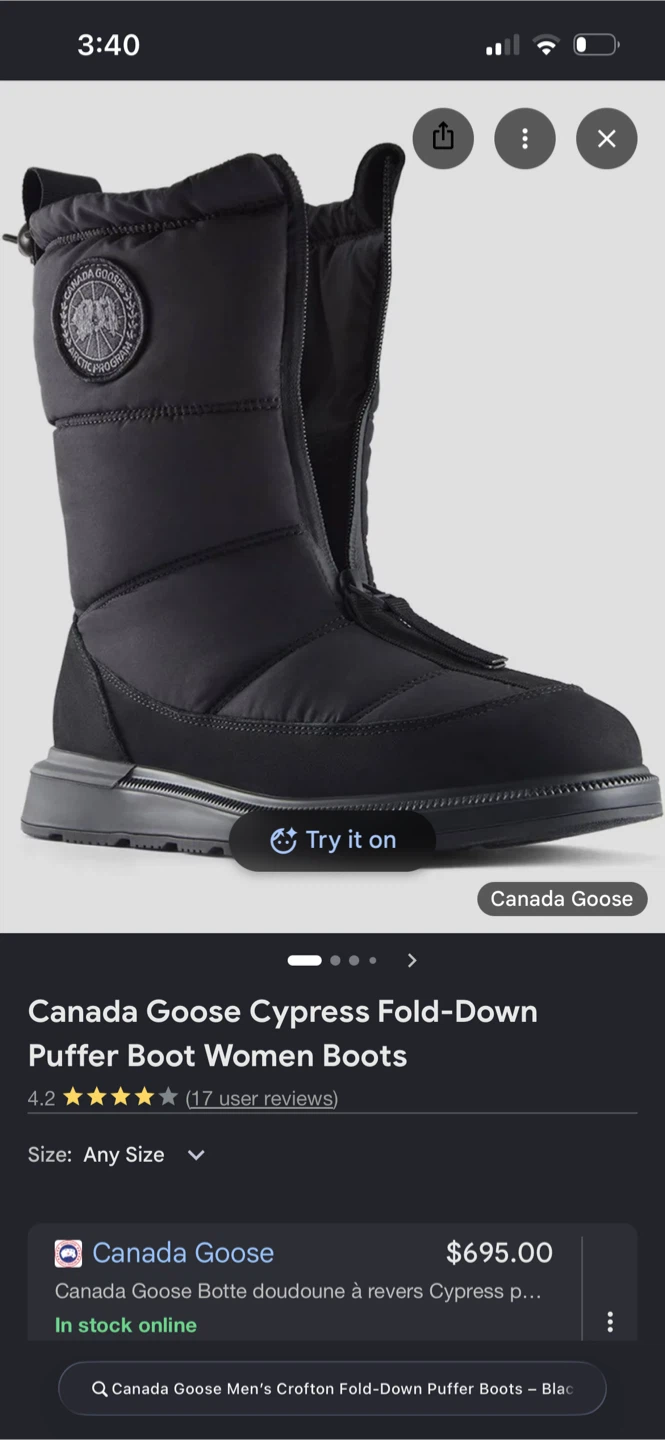 Canada Goose Men’s Crofton Fold-Down Puffer Boots Size US 10