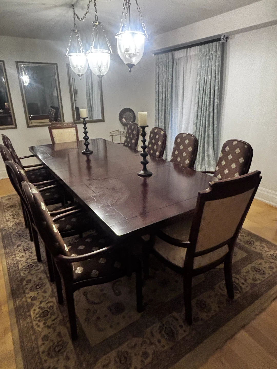 Eight vintage dark wood armchairs with patterned fabric - photo 5