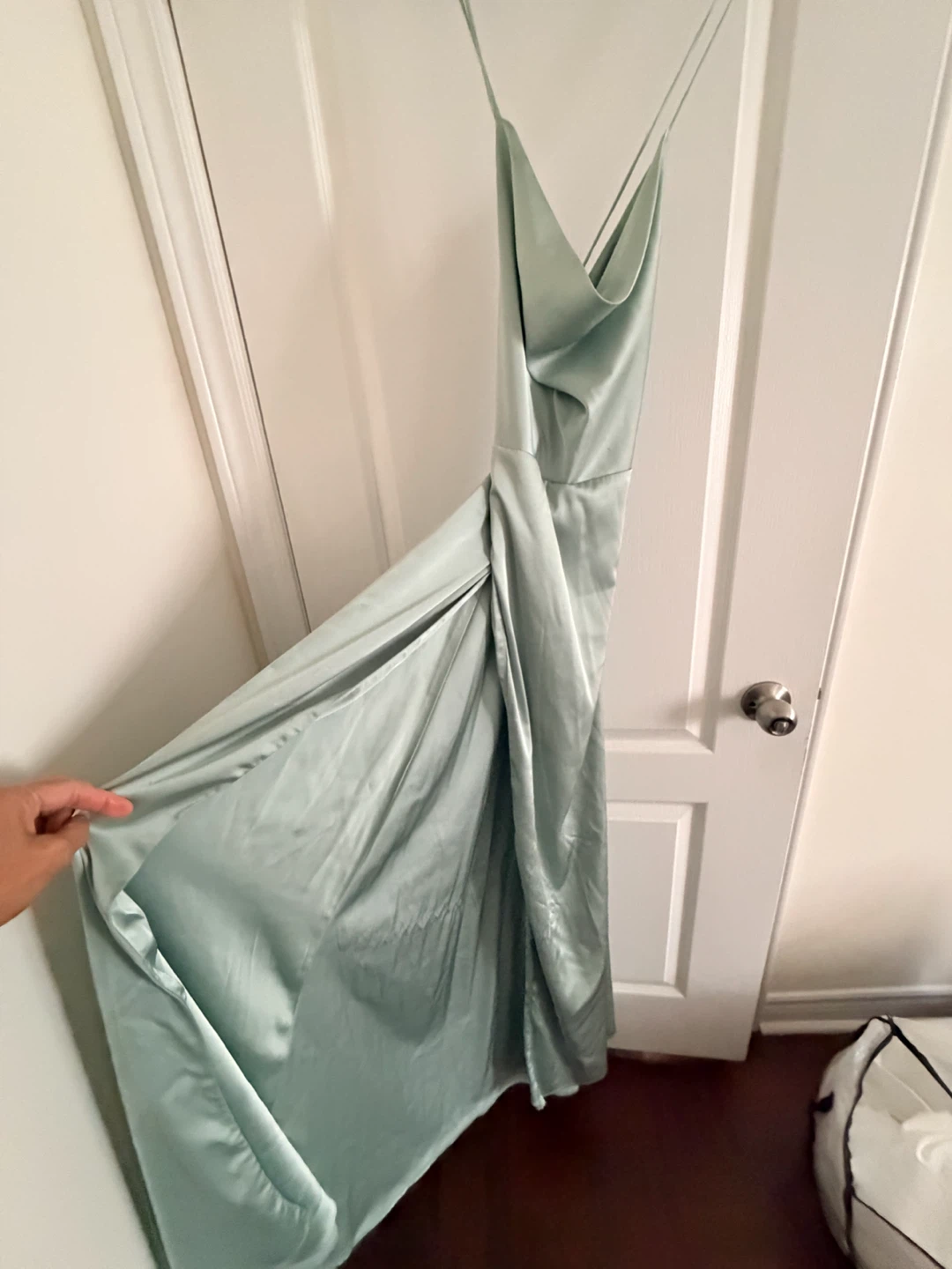 Formal Sage Green Satin Floor- Length Gown (M)