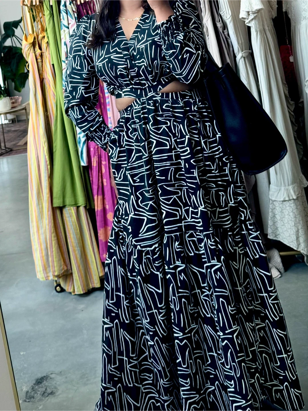 Black and White Patterned Cut-Out Maxi Dress
