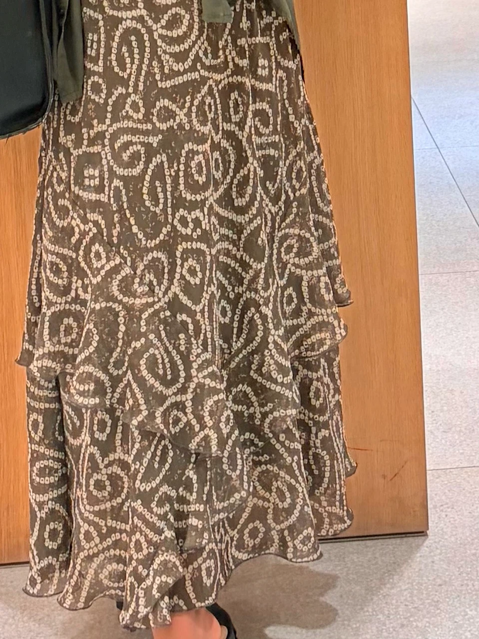 Olive Green Patterned Tiered Skirt