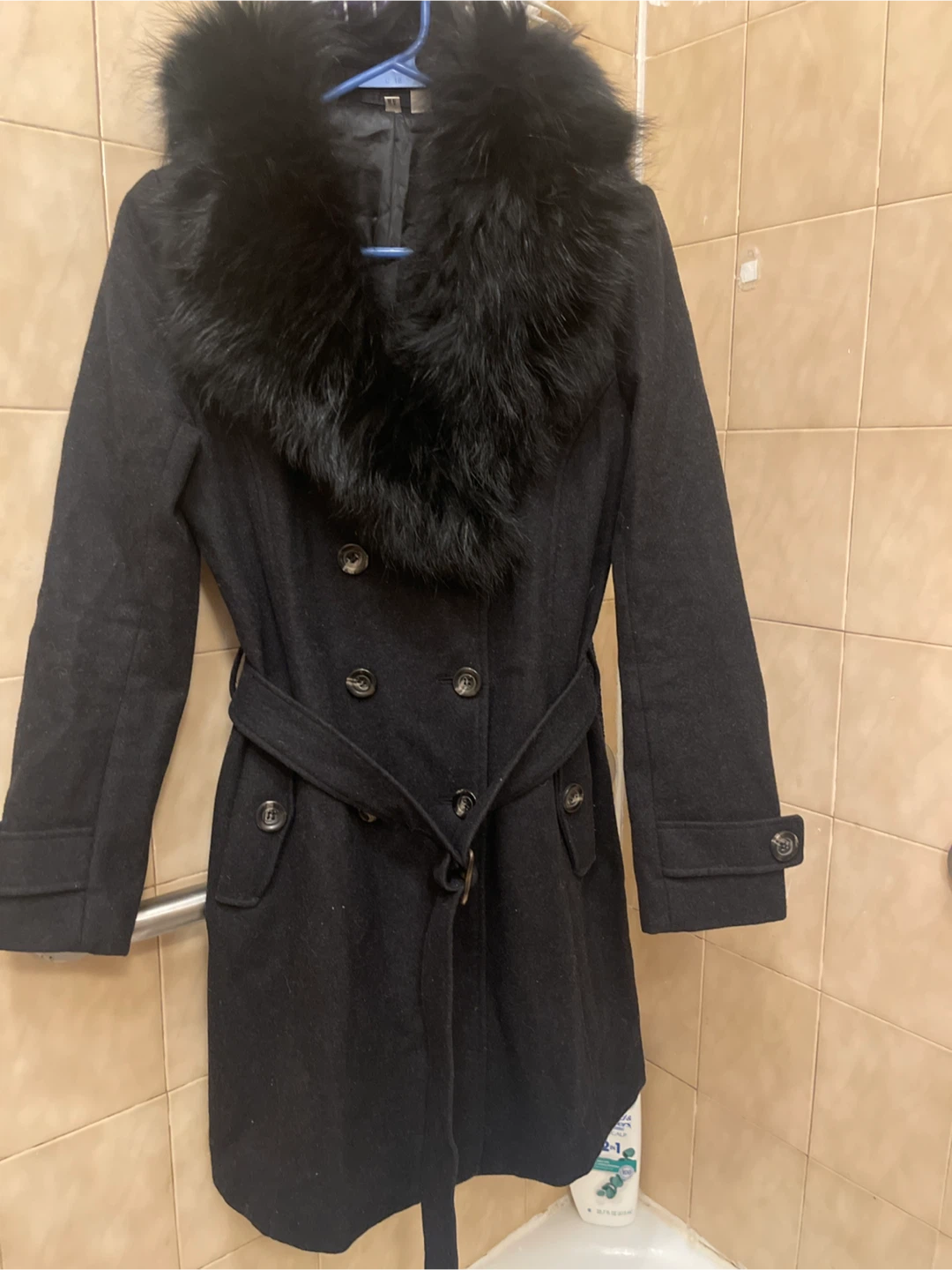 H&M Black Trench Coat with Fur Collar