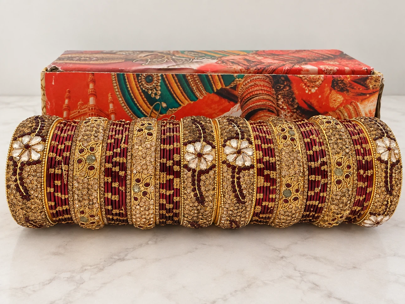 Maroon and Gold Embellished Bangle Set