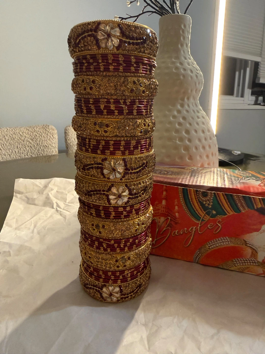 Maroon and Gold Embellished Bangle Set - photo 2