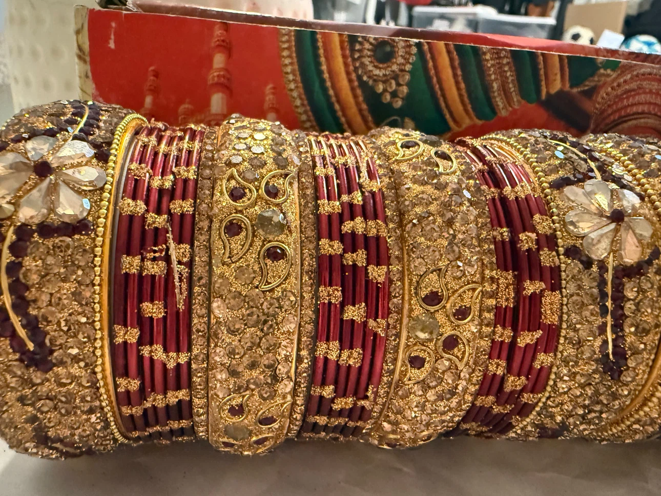 Maroon and Gold Embellished Bangle Set - photo 3