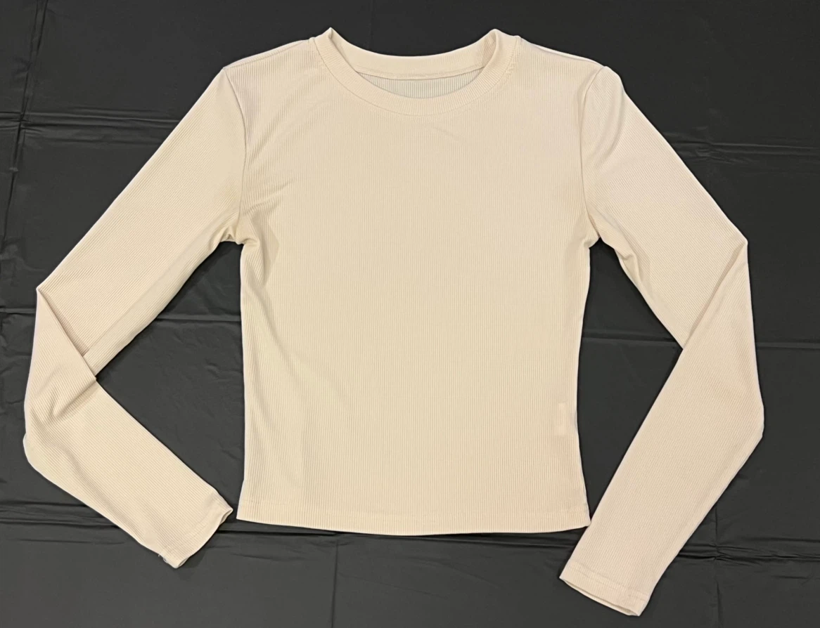 Cream Ribbed Long Sleeve Crew Neck Top