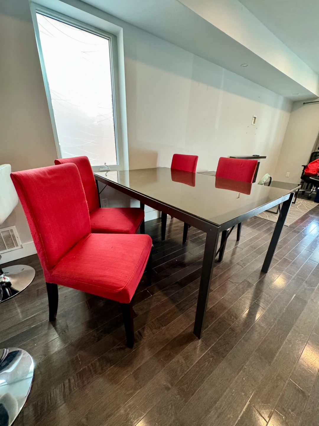 Modern Glass-Top Dining Table + 4 Red Upholstered Chairs