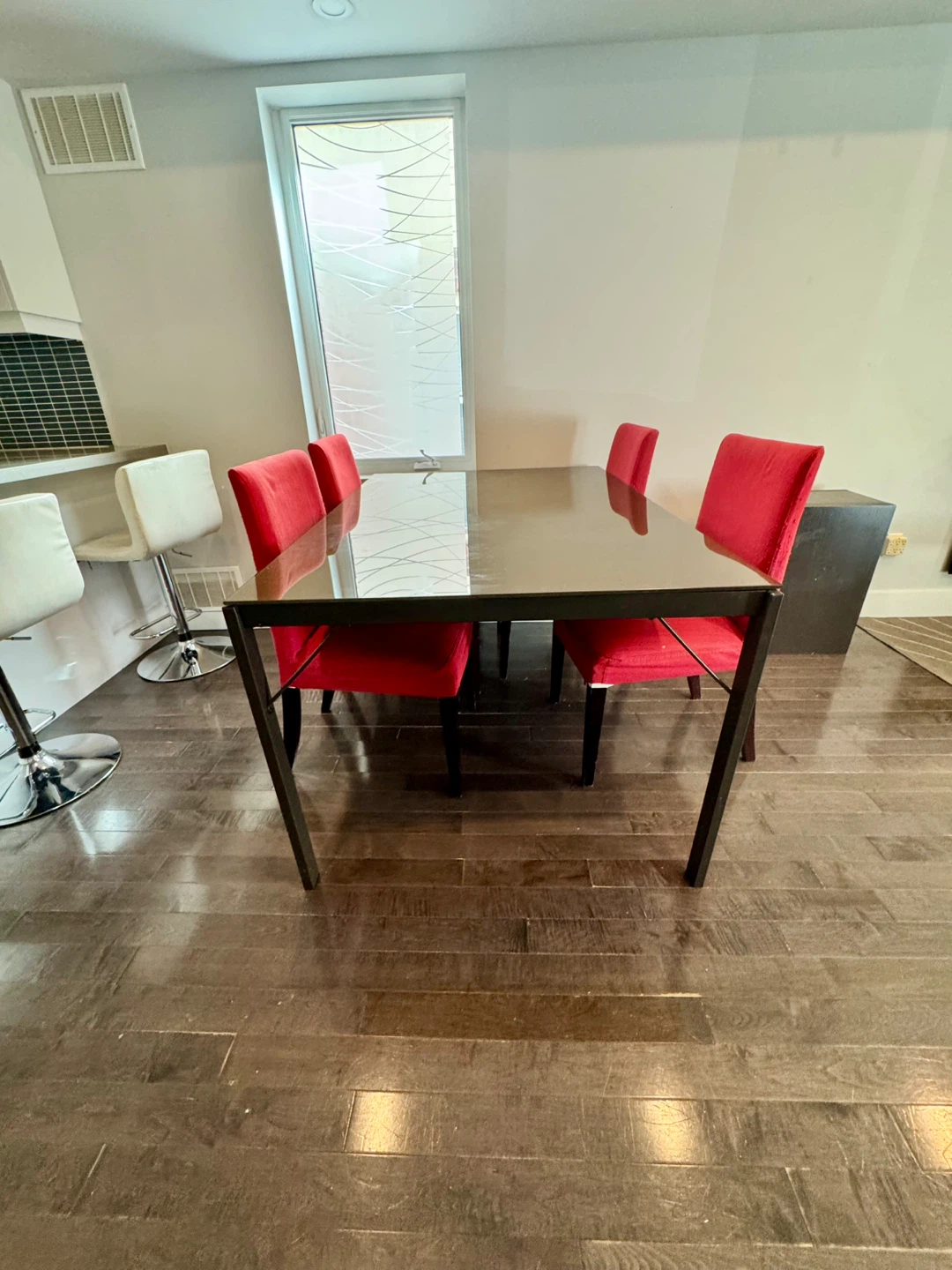 Modern Glass-Top Dining Table + 4 Red Upholstered Chairs - photo 2