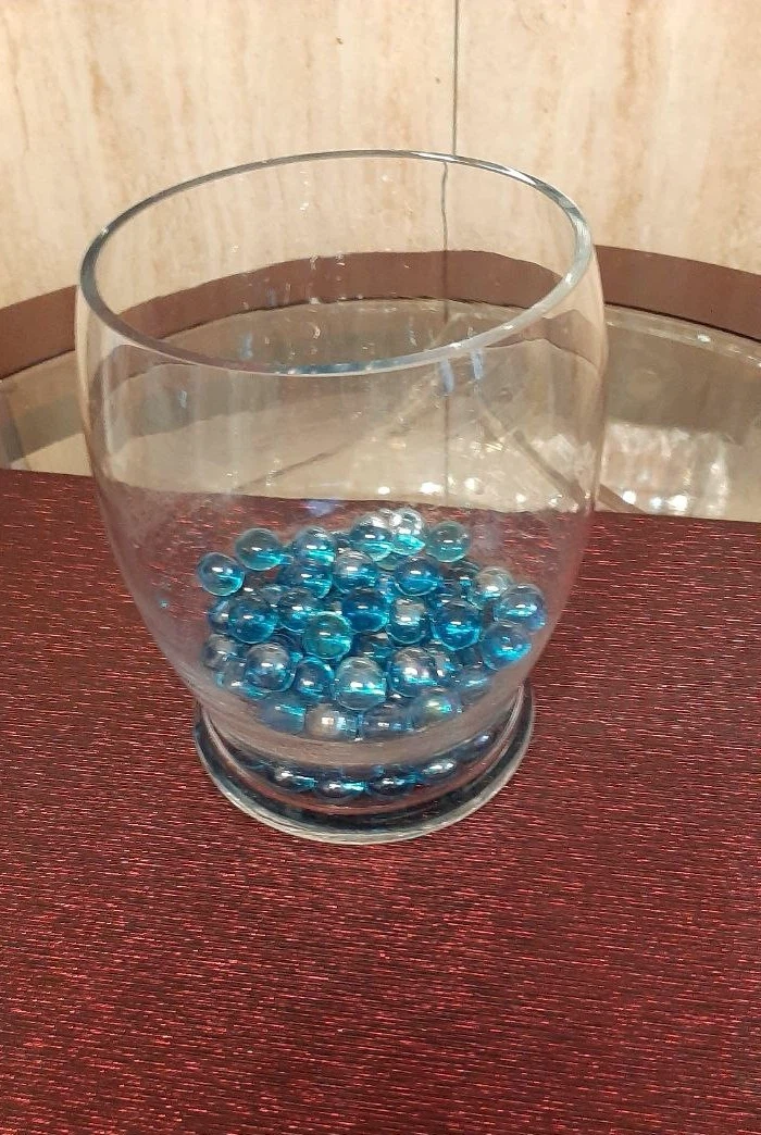 Clear Glass Vase with Decorative Blue Marbles