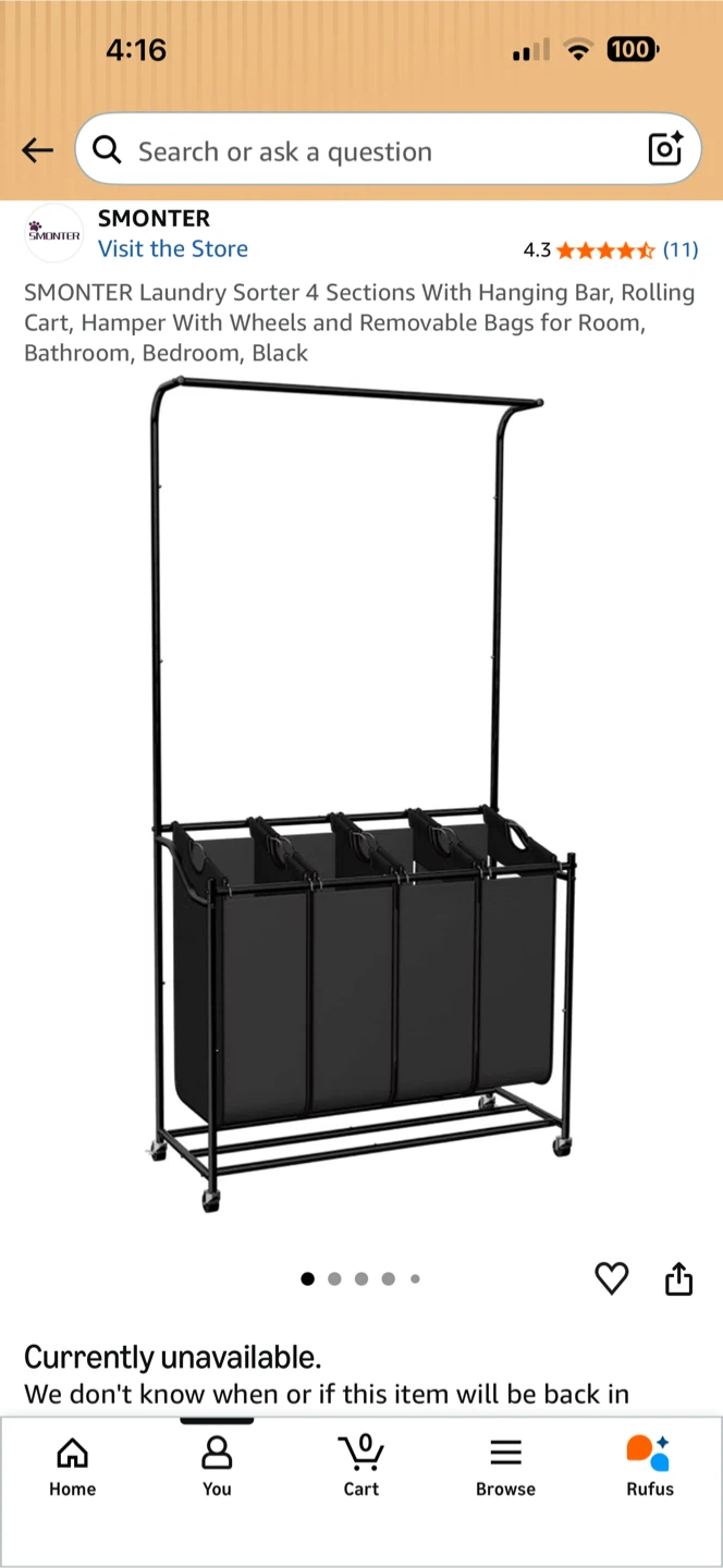 Smonter 4-Section Rolling Laundry Sorter with Hanging Bar