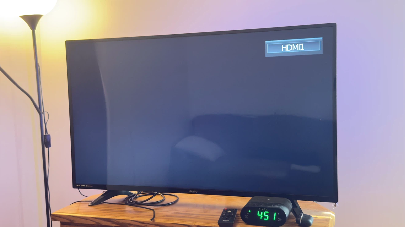 Sanyo 43" TV, Xbox One S, and PlayStation 3