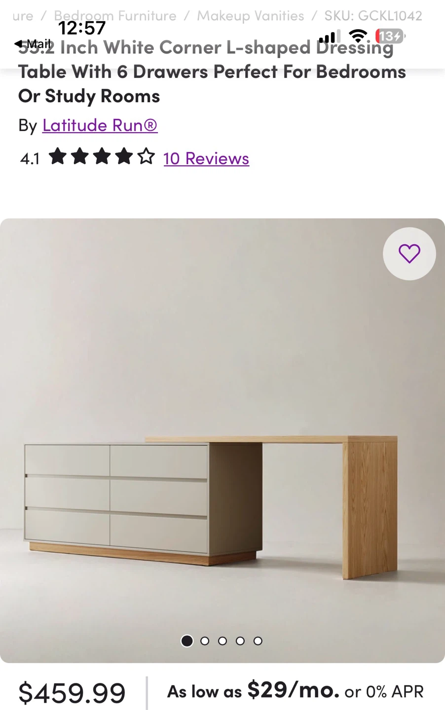 Latitude Run White Corner L-Shaped Dressing Table